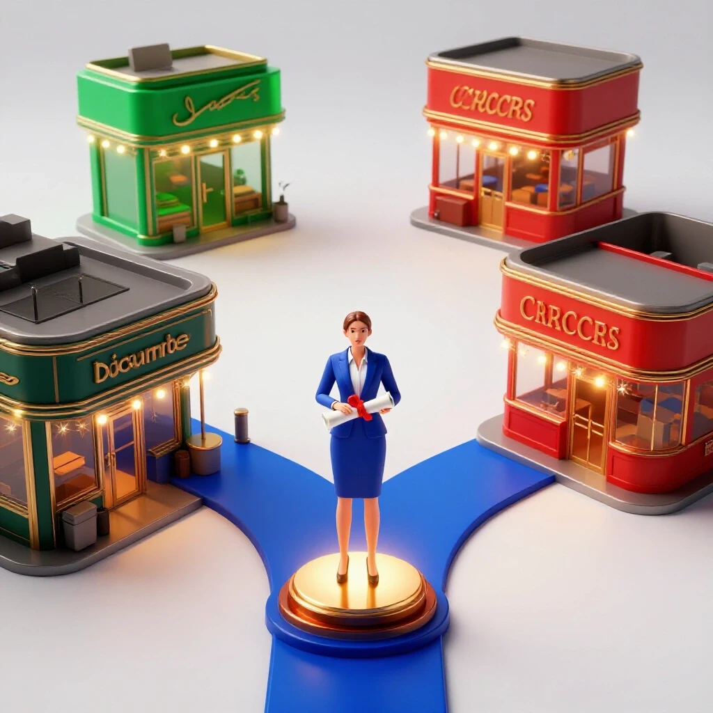 Symbolic small business owner at crossroads choosing between glowing diploma and vibrant storefront statue.