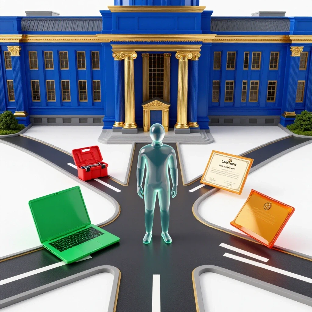 A central crossroads with a university building on one path and modern career tools on the other, bright background.