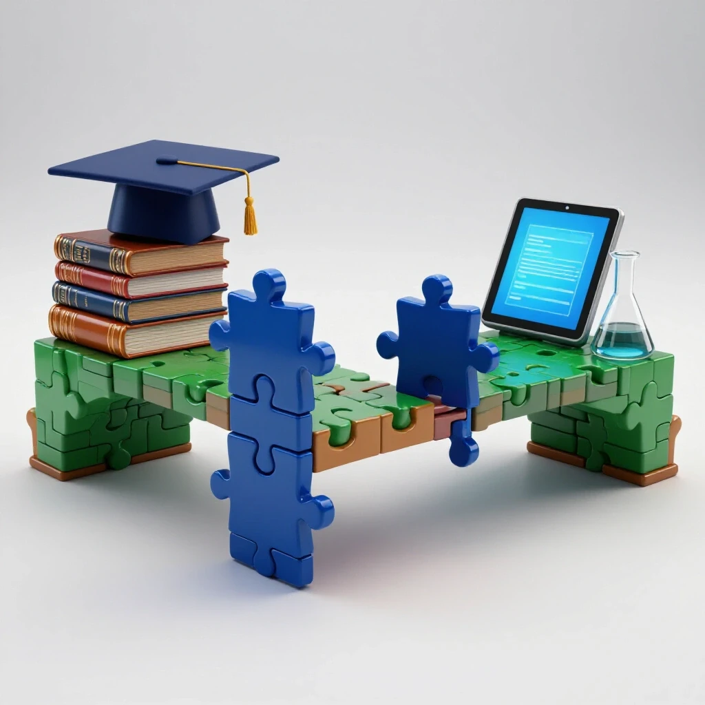 Dynamic bridge of colorful puzzle pieces connects two academic worlds with books and digital tools on white background.