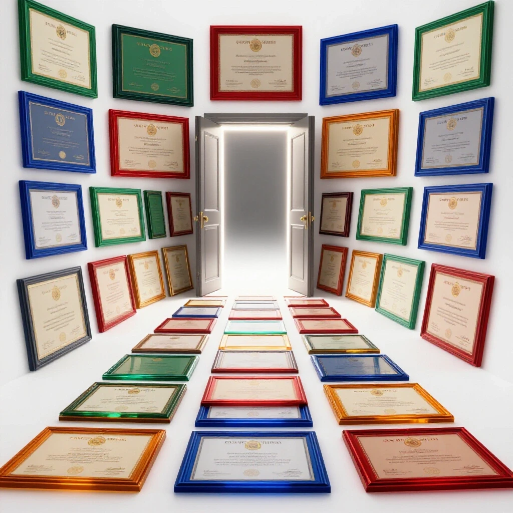 A glowing pathway of colorful academic certificates leads to a radiant open door, symbolizing course value.
