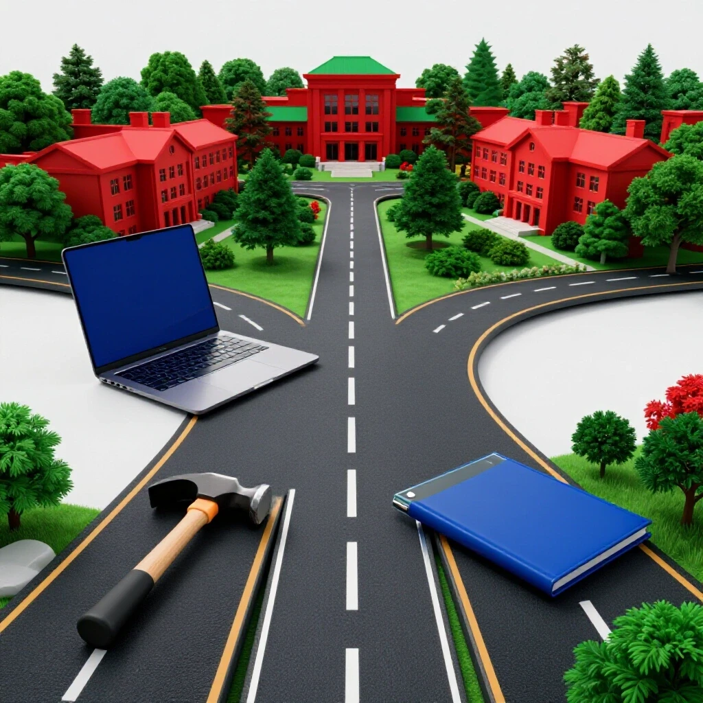 Two branching paths meet at a crossroads; one path features professional tools, the other leads to a vibrant college campus, both on a bright background.