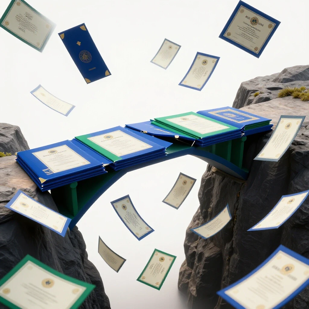 Glossy academic certificates form a dramatic, fragmented bridge between cliffs, with some falling into a bright abyss below.