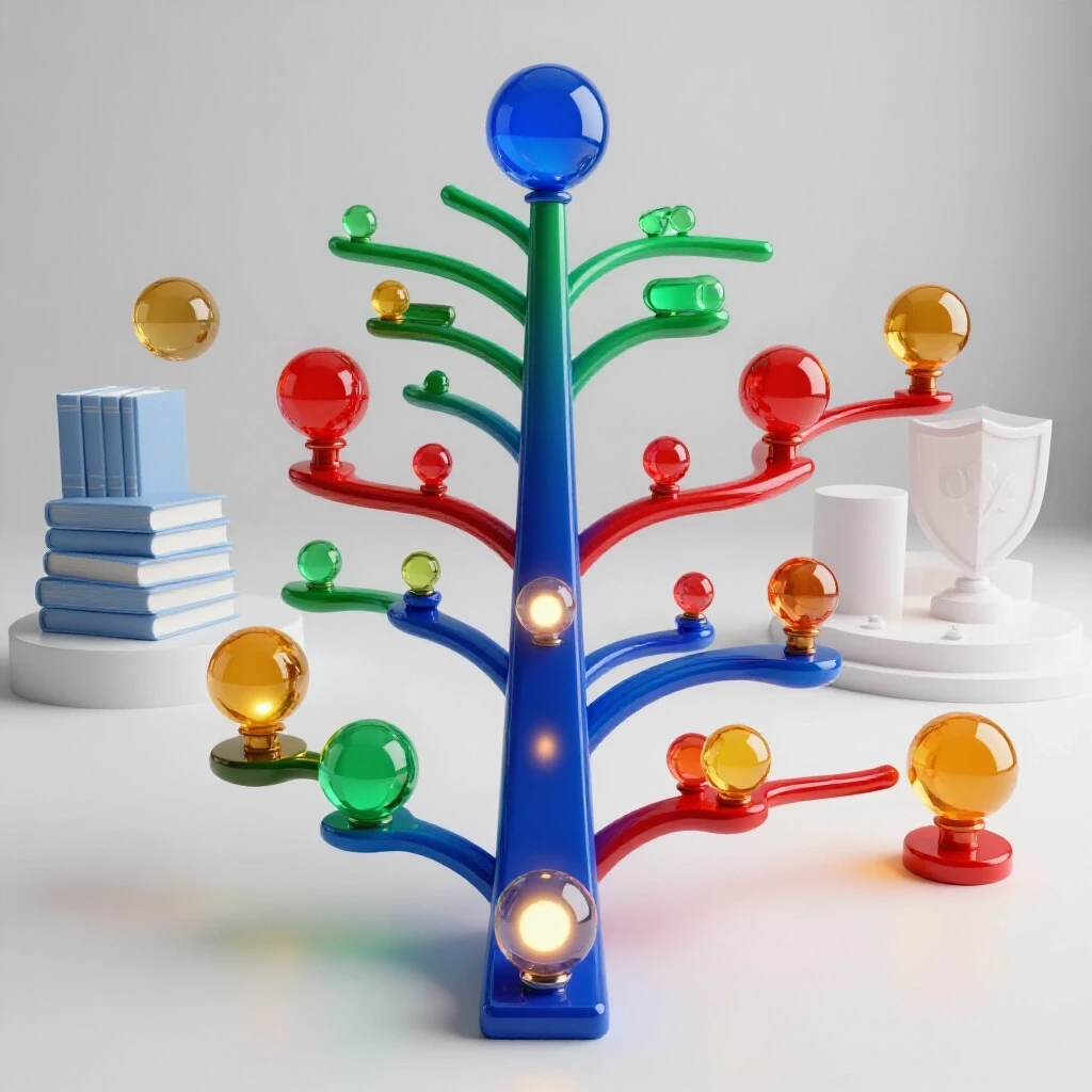 A vibrant, multi-colored branching pathway with glowing orbs, set in a clean, bright academic setting, symbolizing credit structure options.