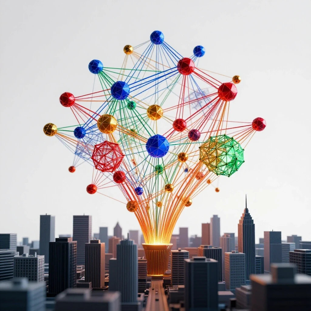 Intricate web of glowing data nodes and lines above a stylized cityscape, vibrant colors on bright background