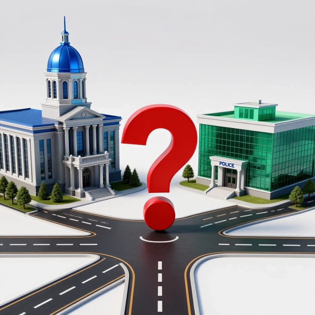 A crossroads with a courthouse and police academy in vivid colors, centered by a dramatic question mark symbol.