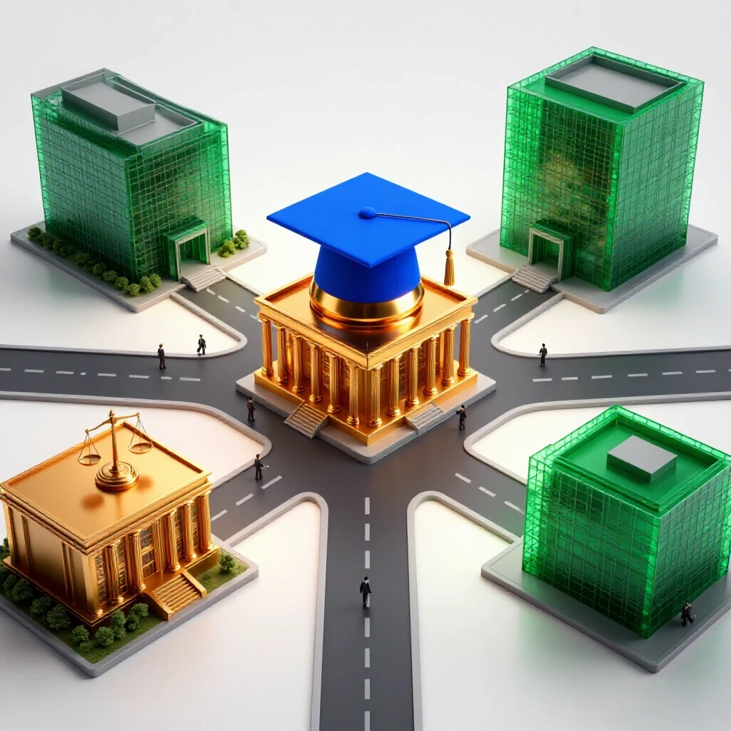 A graduation cap at a crossroads, splitting towards a courthouse and a corporate office, both brightly spotlighted.