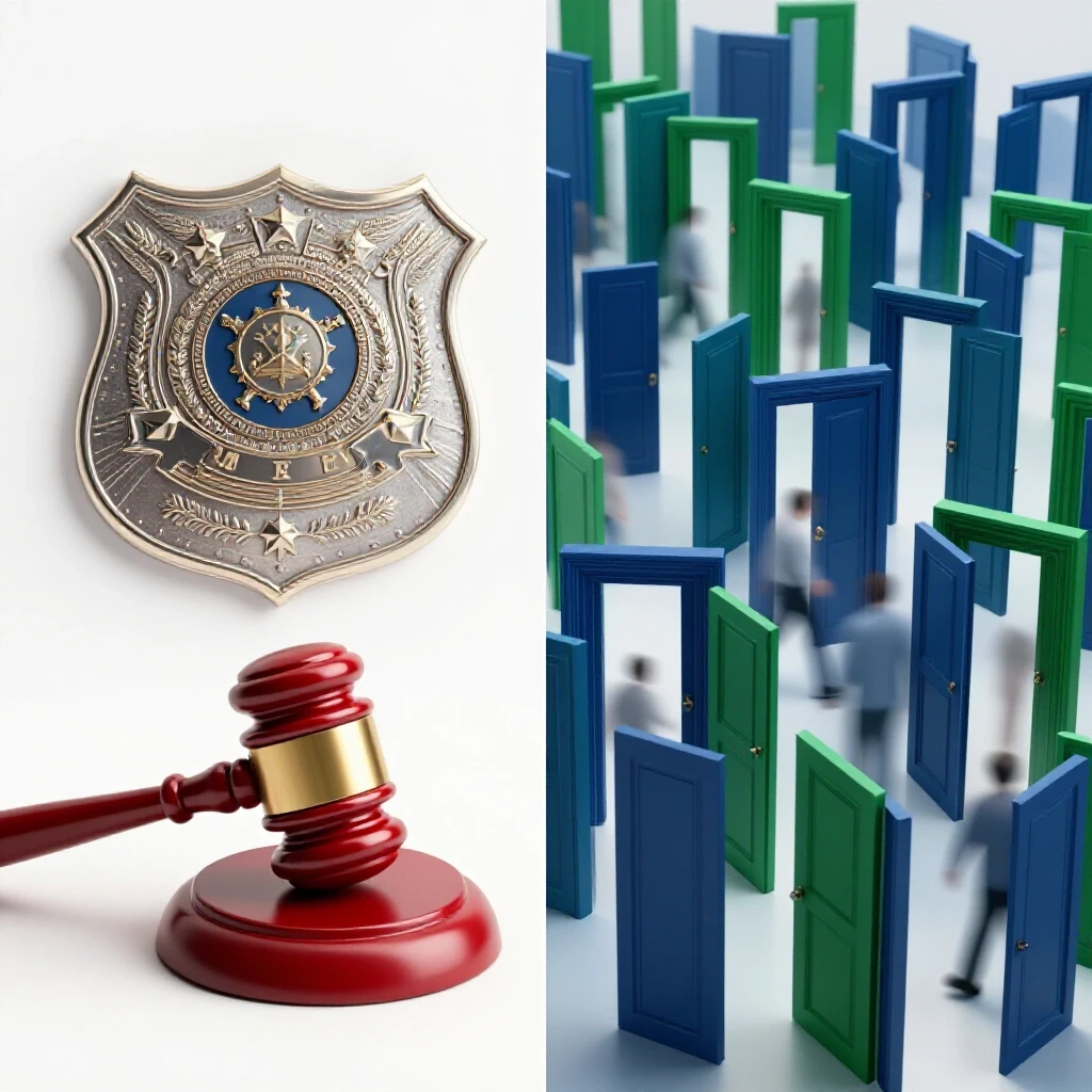 Split scene showing a metallic police badge and gavel contrasted with vibrant doorways and blurred figures, symbolizing urgent career choices in criminal justice.