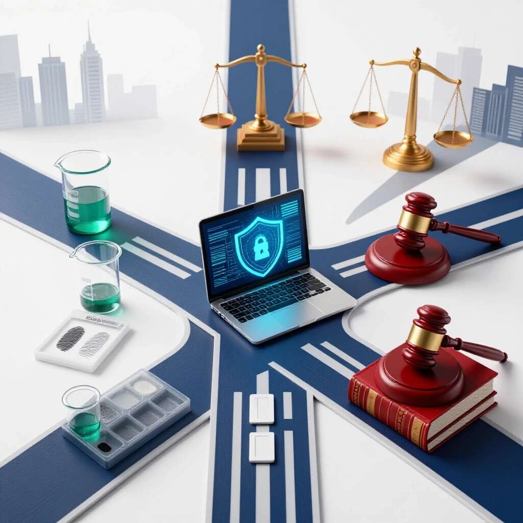 Glossy 3D crossroads with forensic, cybersecurity, and legal symbols, vivid colors, justice icons, and cityscape in a bright studio.