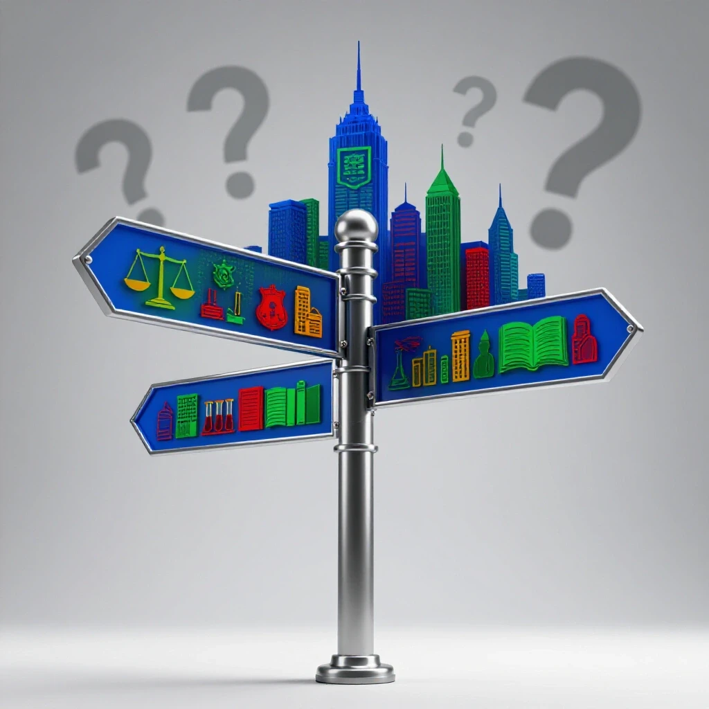 Central crossroads signpost with cityscape, profession icons, and shadowy question marks on a bright background