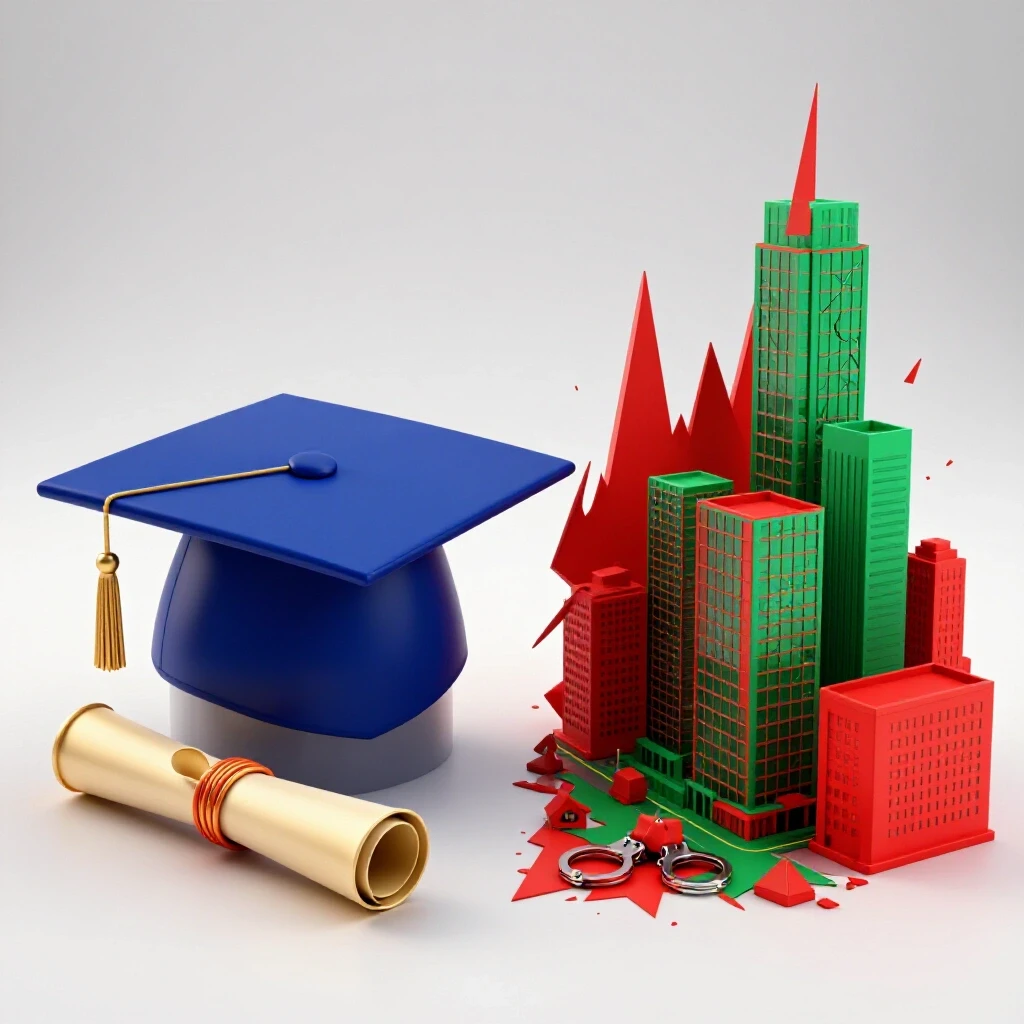 Graduation cap and diploma contrasted with a dramatic urban scene and crime symbols, divided by a jagged line.
