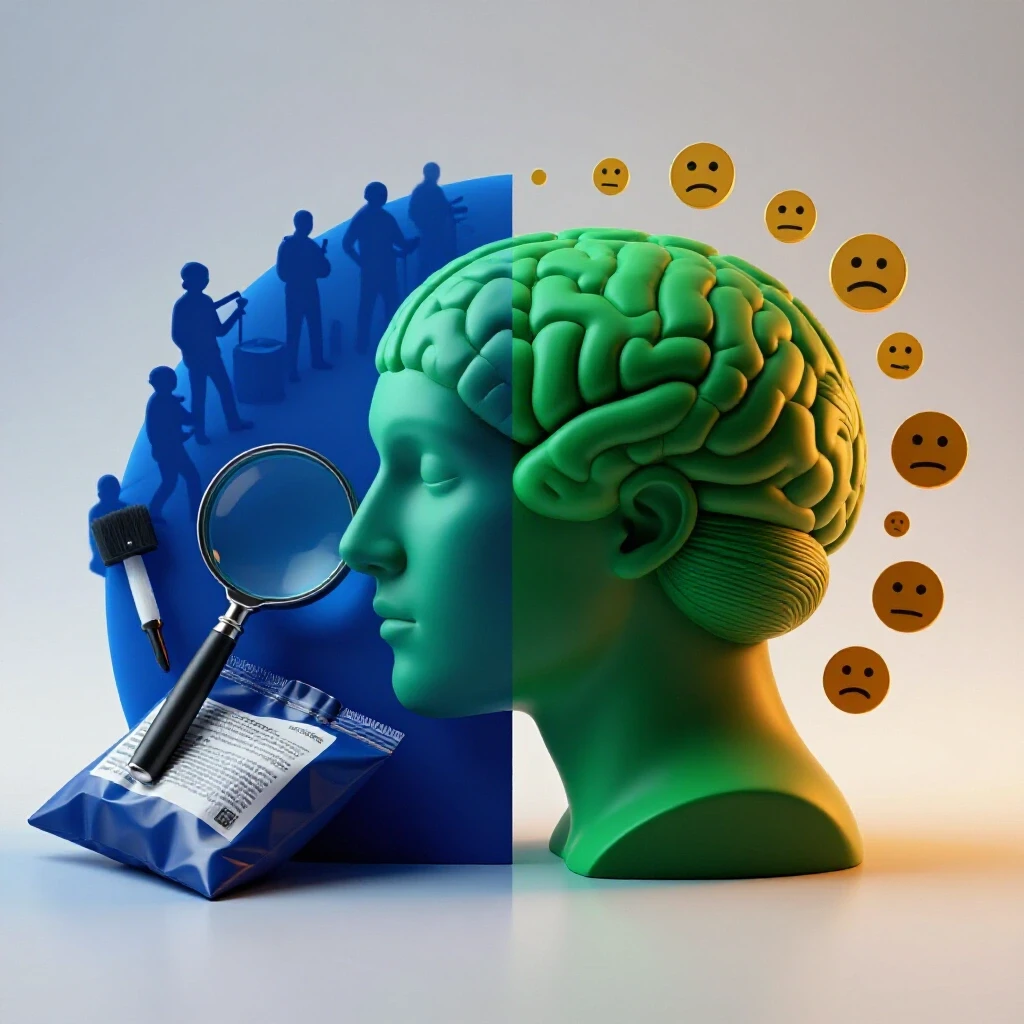 A split 3D scene with forensic tools and shadowy figures on one side, abstract brain and symbols on the other, contrasting colors.