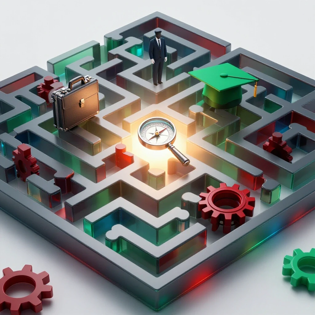 Bright scene of a translucent puzzle maze with professional symbols, highlighted by vivid colors and a glowing path.