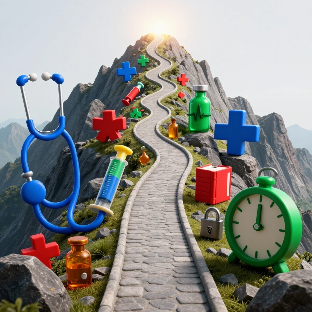 A winding mountain path with bold medical symbols and obstacles leads to a glowing summit, symbolizing CRNA success.