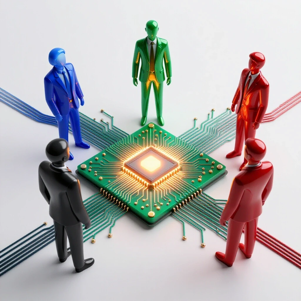 Dynamic crossroads with abstract business figures converging on a luminous digital circuit board, with a bright white background and vibrant colors.