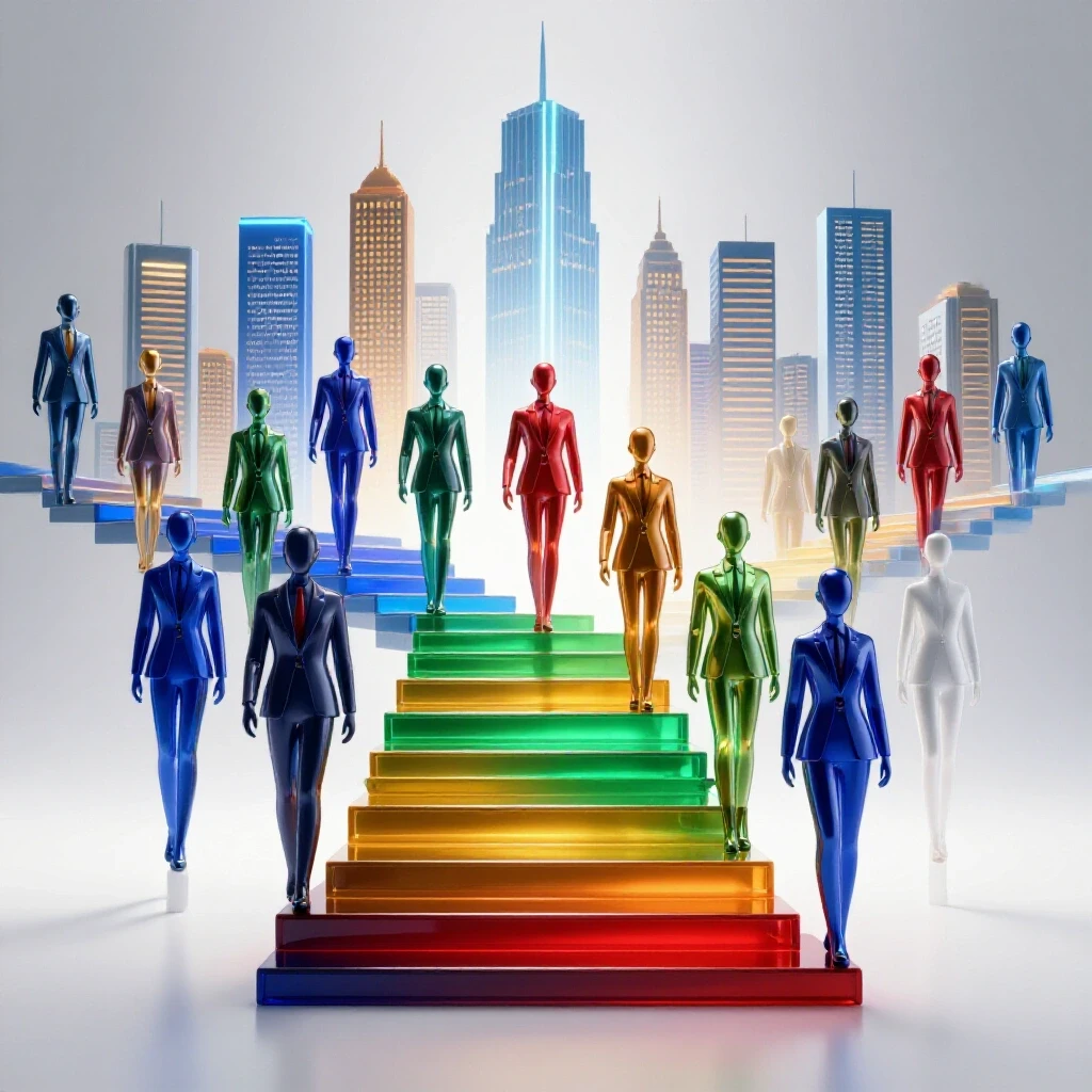 Dynamic scene of professionals ascending a glowing staircase toward luminous company buildings on a bright background.