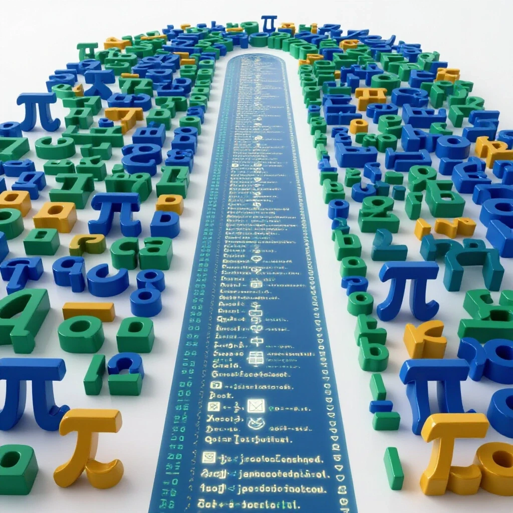A polished maze of vibrant math symbols transitioning into glowing code, set on a bright white background.