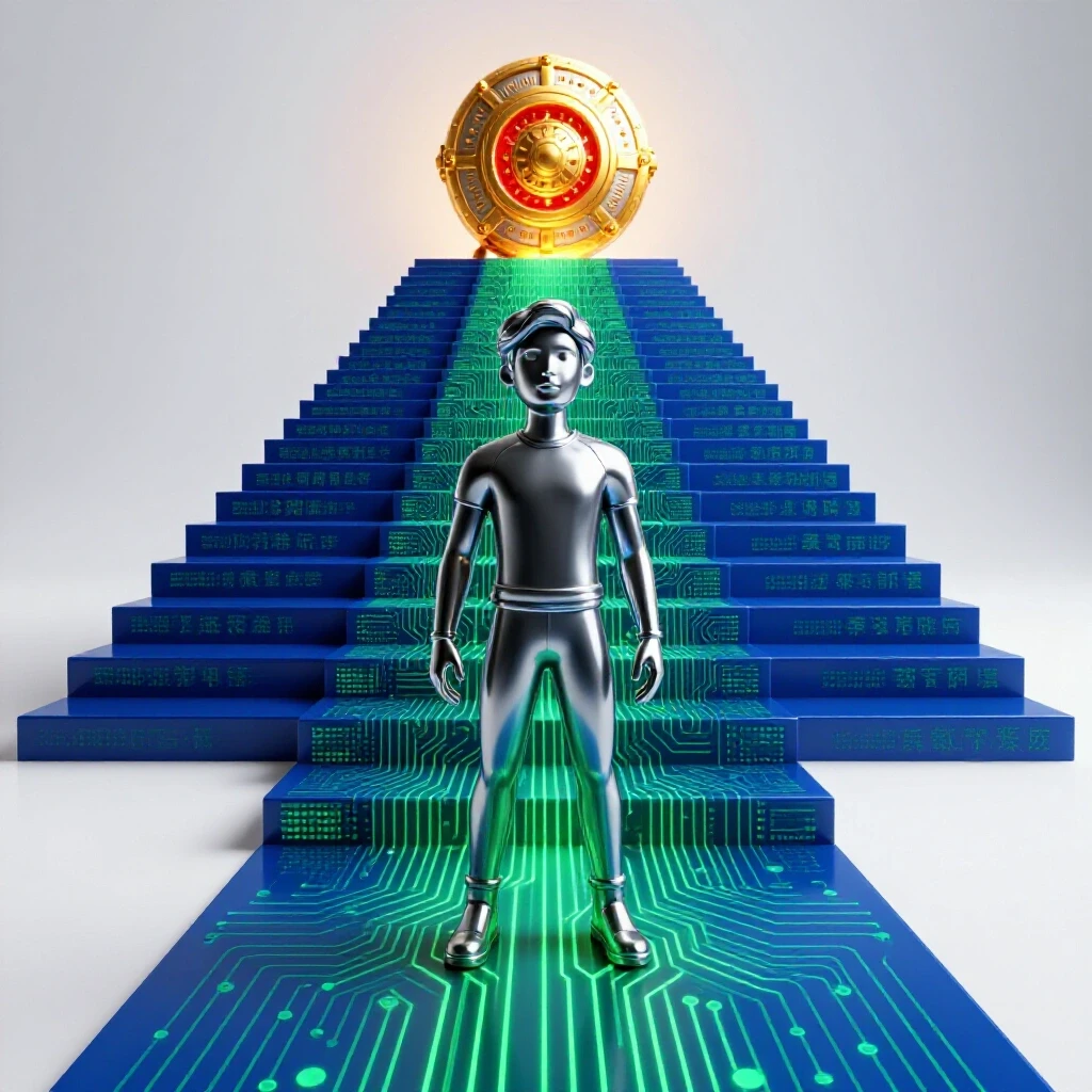 A digital staircase made of glowing circuit patterns ascends toward a radiant treasure vault, symbolizing success and aspiration.