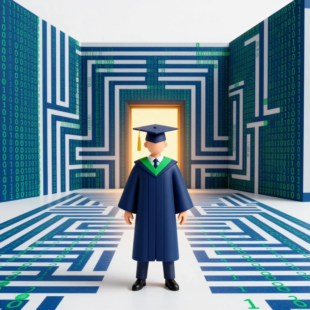 Confident graduate in cap and gown stands before a glowing doorway amid rich binary code maze walls.