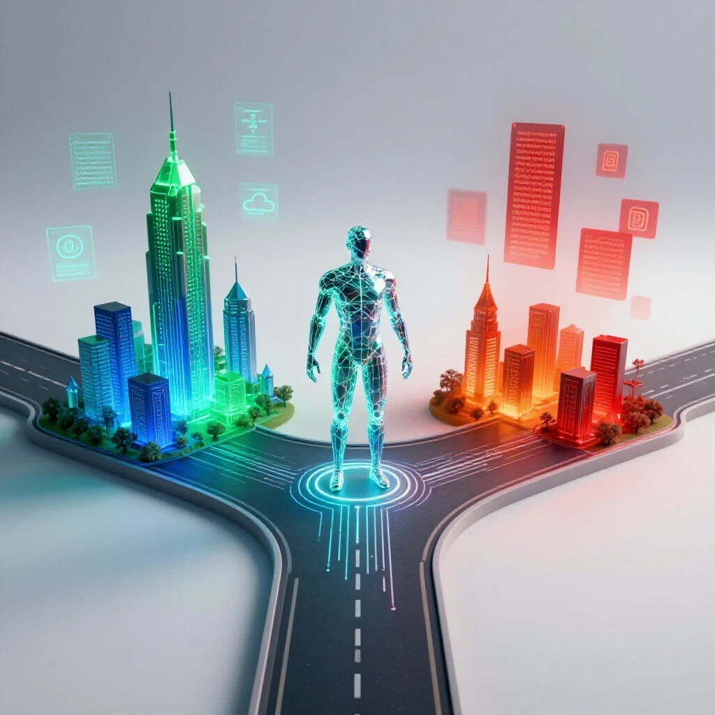 A crossroads with a digital figure hesitating between a glowing tech city and a hazy code-filled landscape.