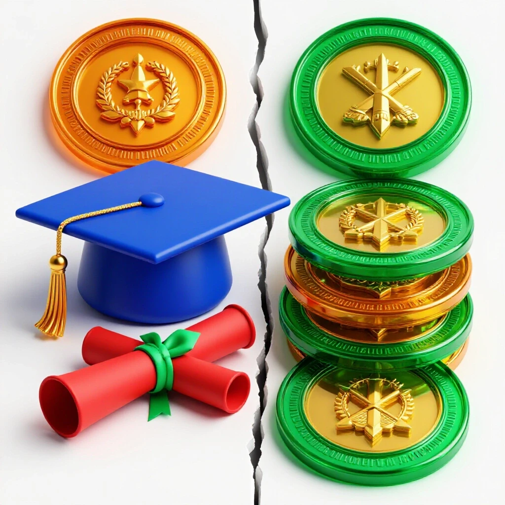 Split scene showing a graduation cap and diploma on one side, tech certification badges on the other, divided by a visible chasm.