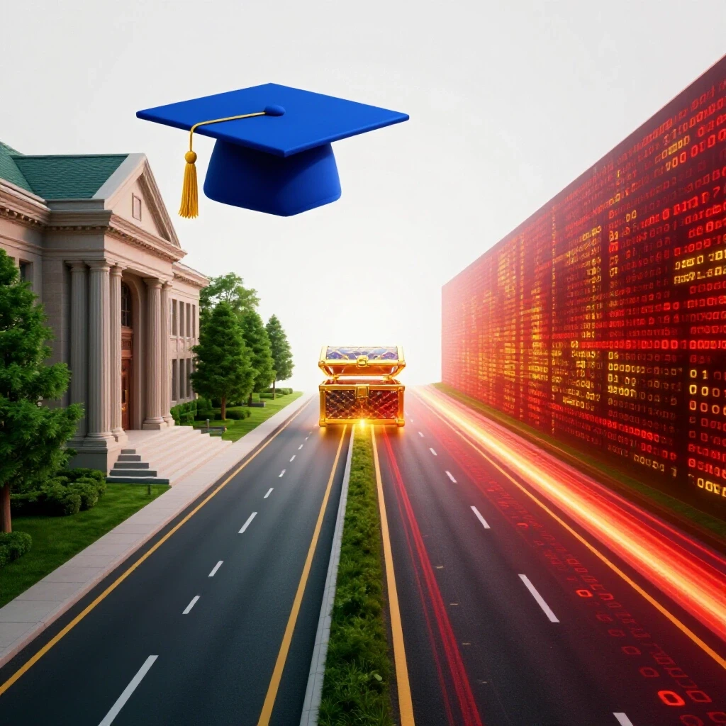 A split path shows a college campus with graduation cap on one side, a digital road with code symbols on the other, both leading to a treasure chest on a bright background.