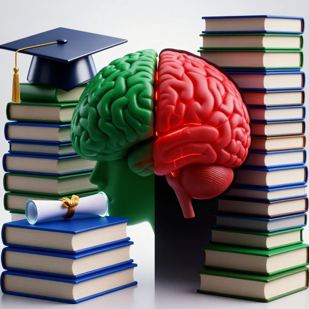 Split scene showing vibrant academic symbols beside a fractured, illuminated brain silhouette on a bright background.