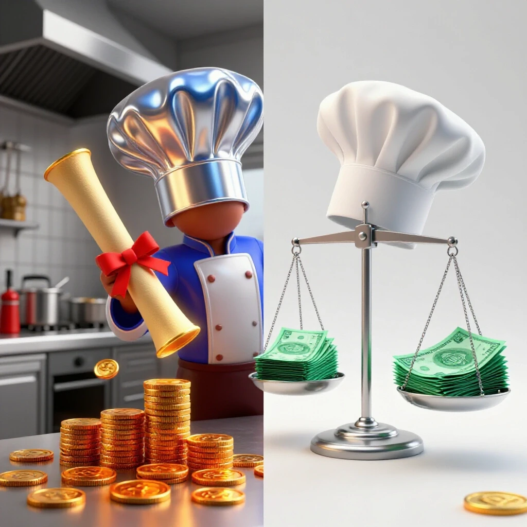 Split scene with a chef hat, golden diploma, coins, and a balance scale weighing passion against money on bright background.