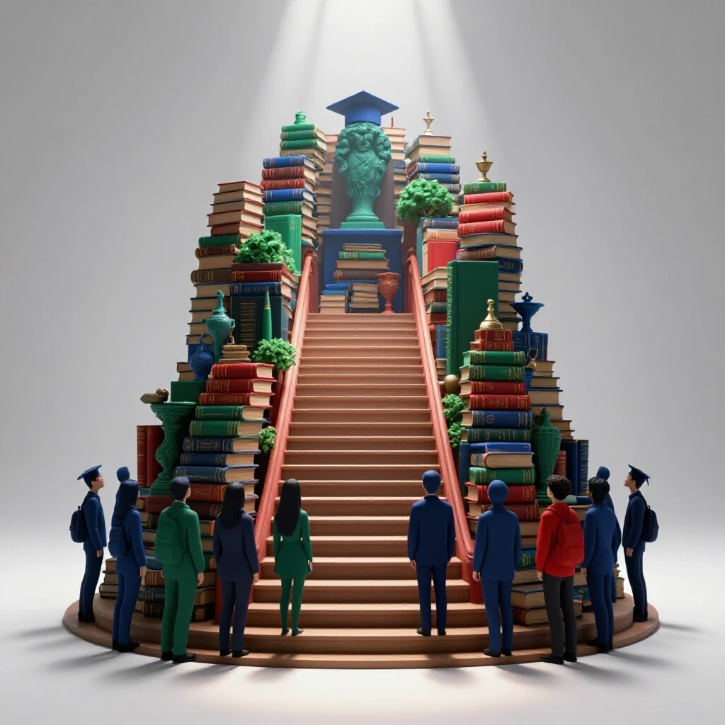 Colorful staircase of books and art objects illuminated by light beams, symbolizing the ascent through cultural knowledge.