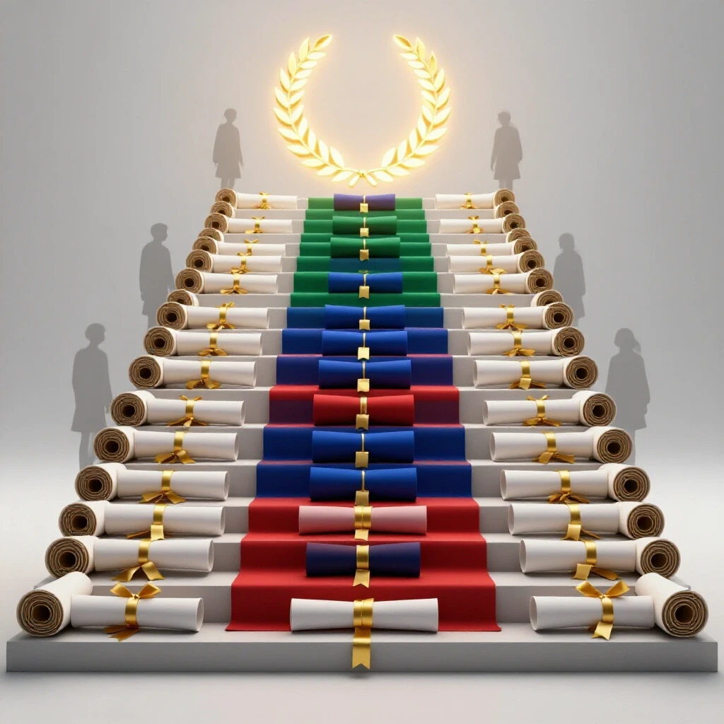 A radiant diploma staircase leads up to a glowing gold laurel wreath with ascending student figures.