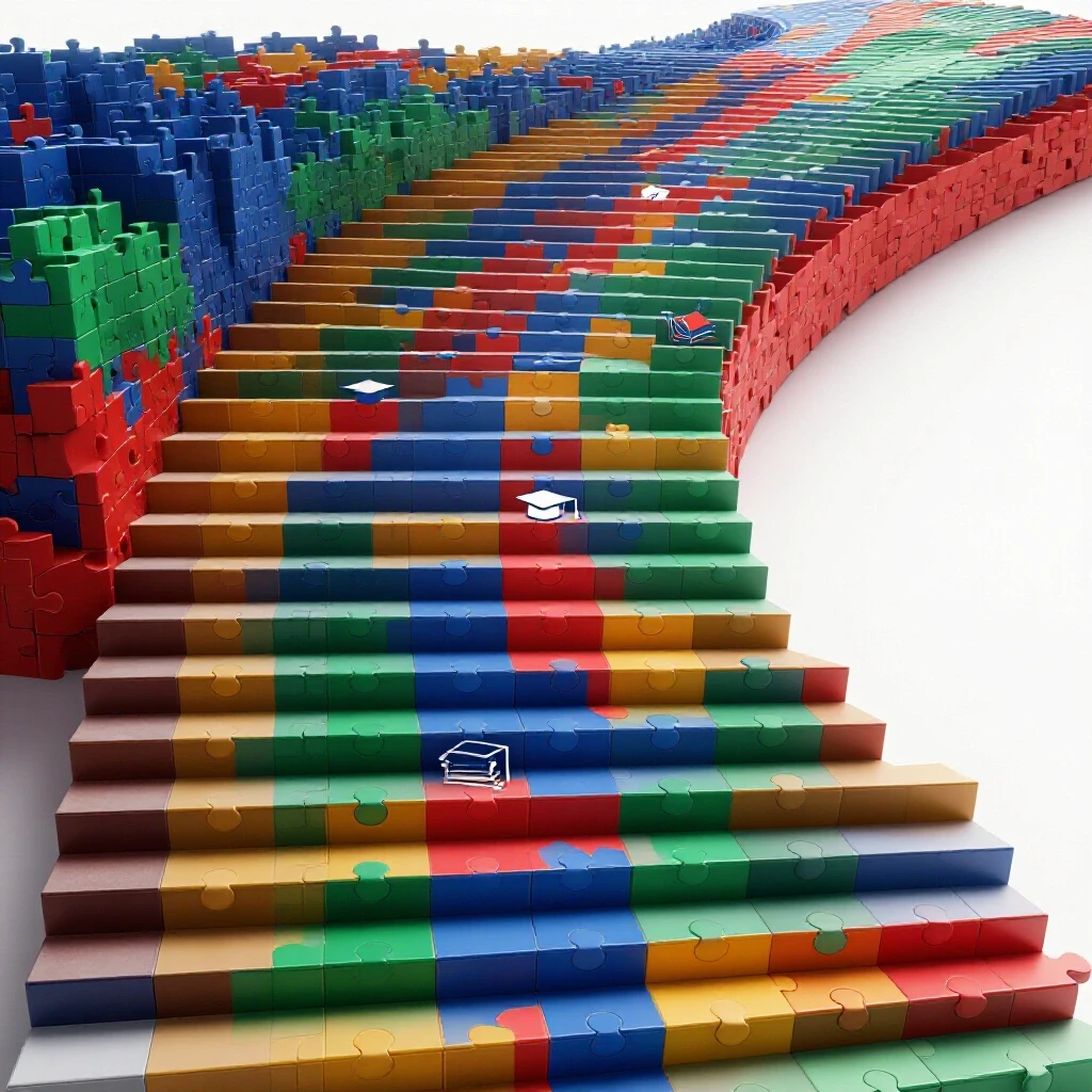 Vivid interlocking puzzle steps in deep colors form an ascending pathway with academic icons on a bright background.