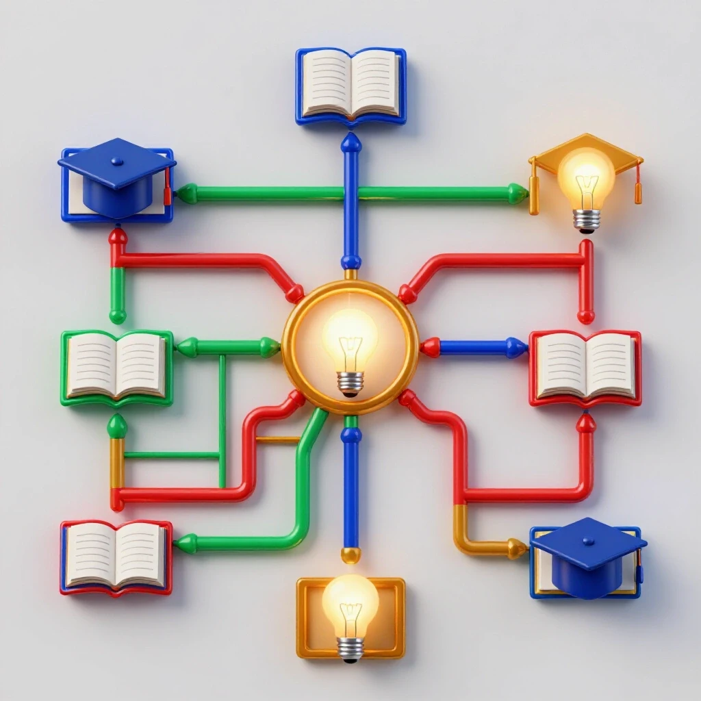 Bright flowchart of colorful pathways with 3D academic icons and a glowing central goal, set against a luminous background.