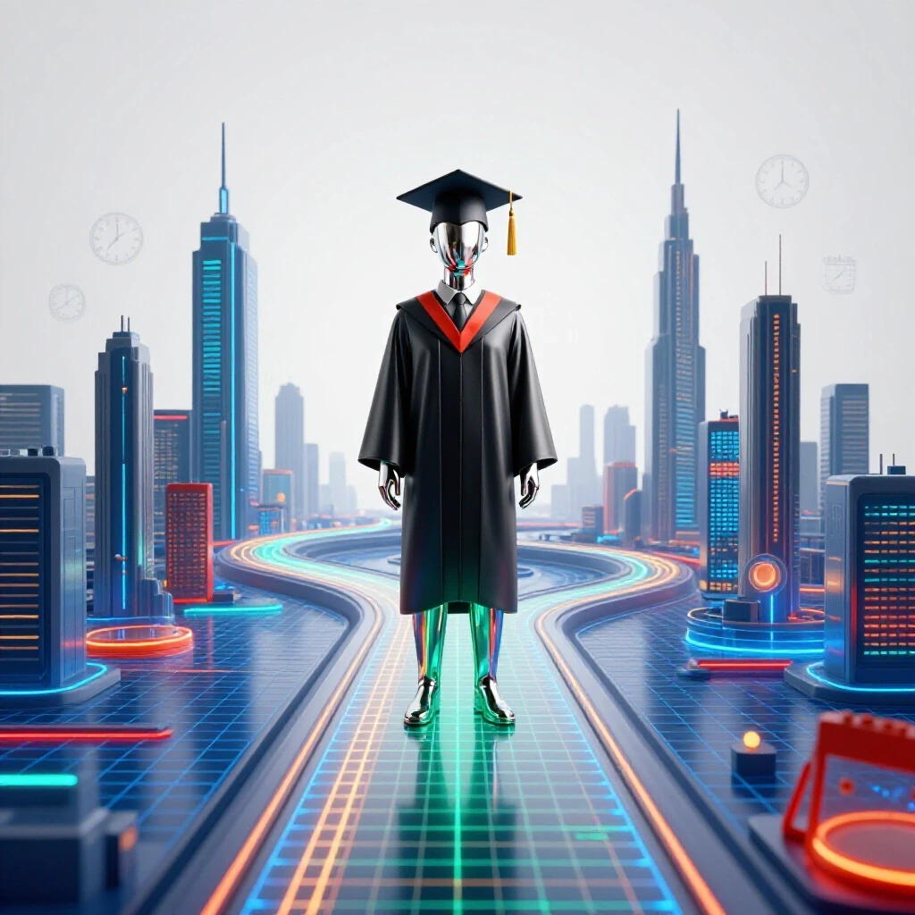 A polished graduate statue stands at a glowing path's start in a digital landscape with clocks and city skyline ahead