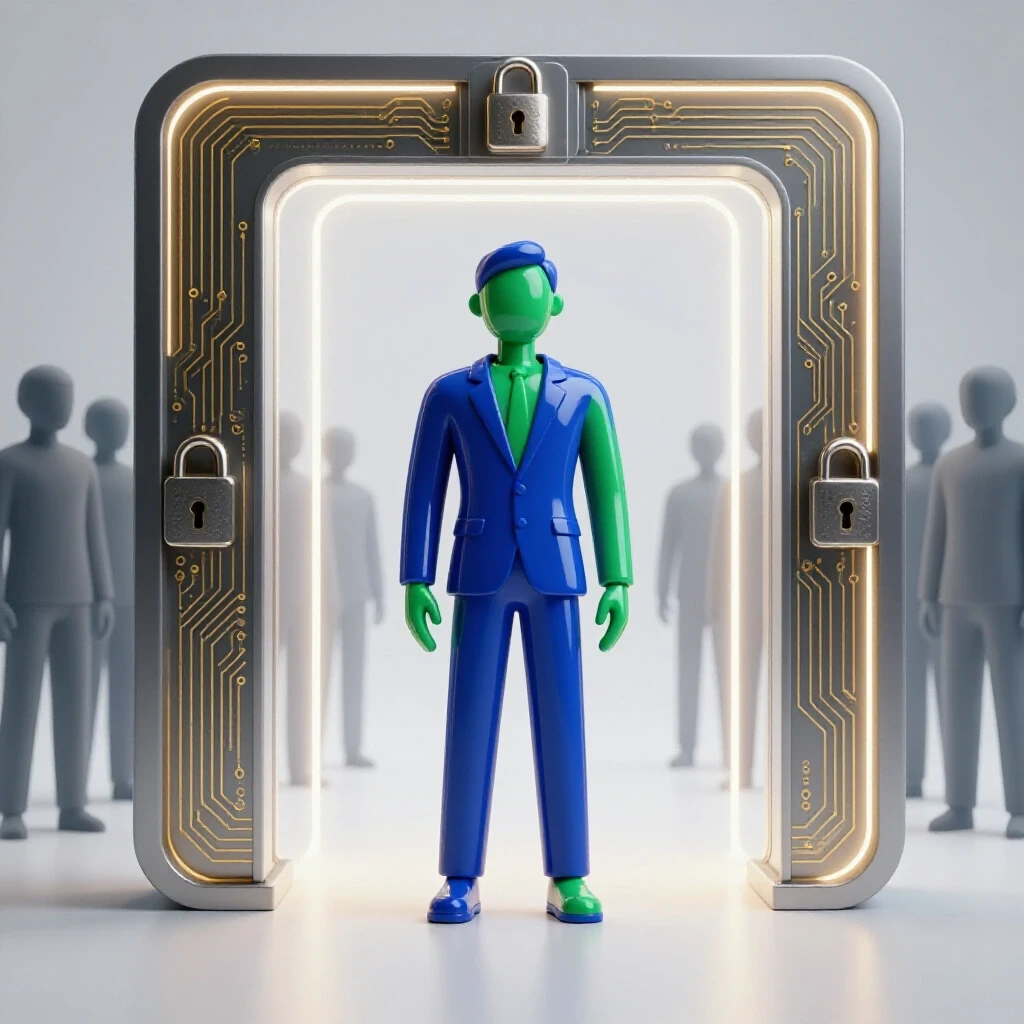 A confident, blue and green figure stands at a glowing digital gateway with abstract locks, ahead of waiting translucent figures.