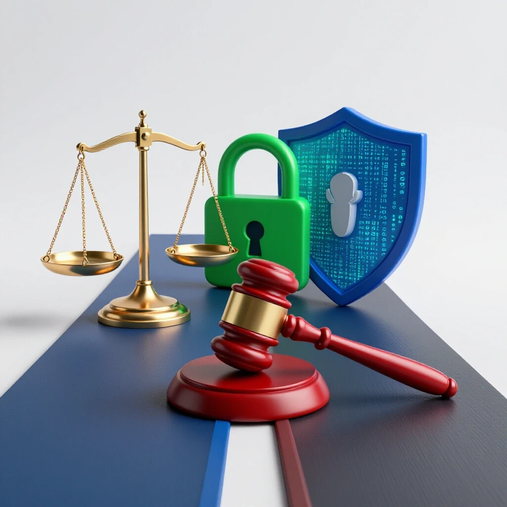 A split pathway with justice scales and gavel blending into locks and shields, symbolizing law and cybersecurity convergence.