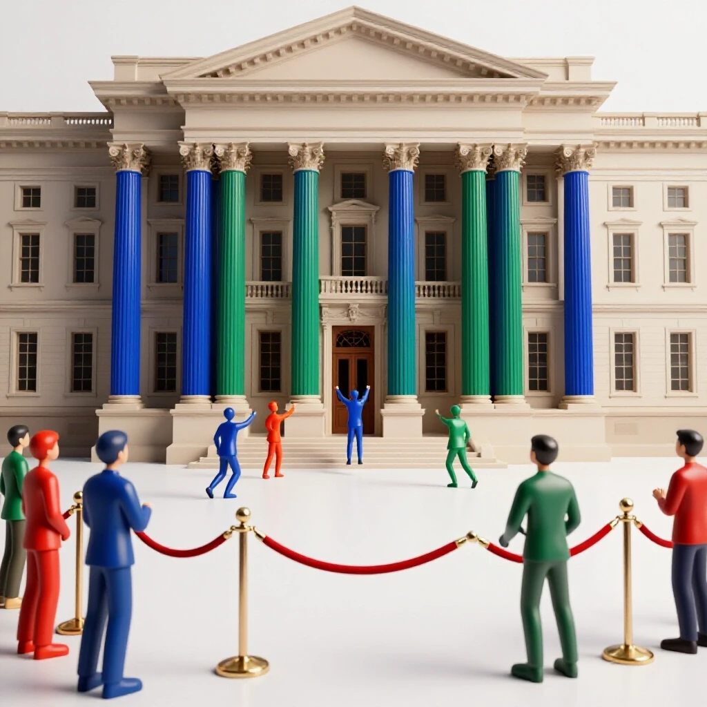 Prestigious academic building behind a velvet rope with eager figures reaching forward, symbolizing limited access.