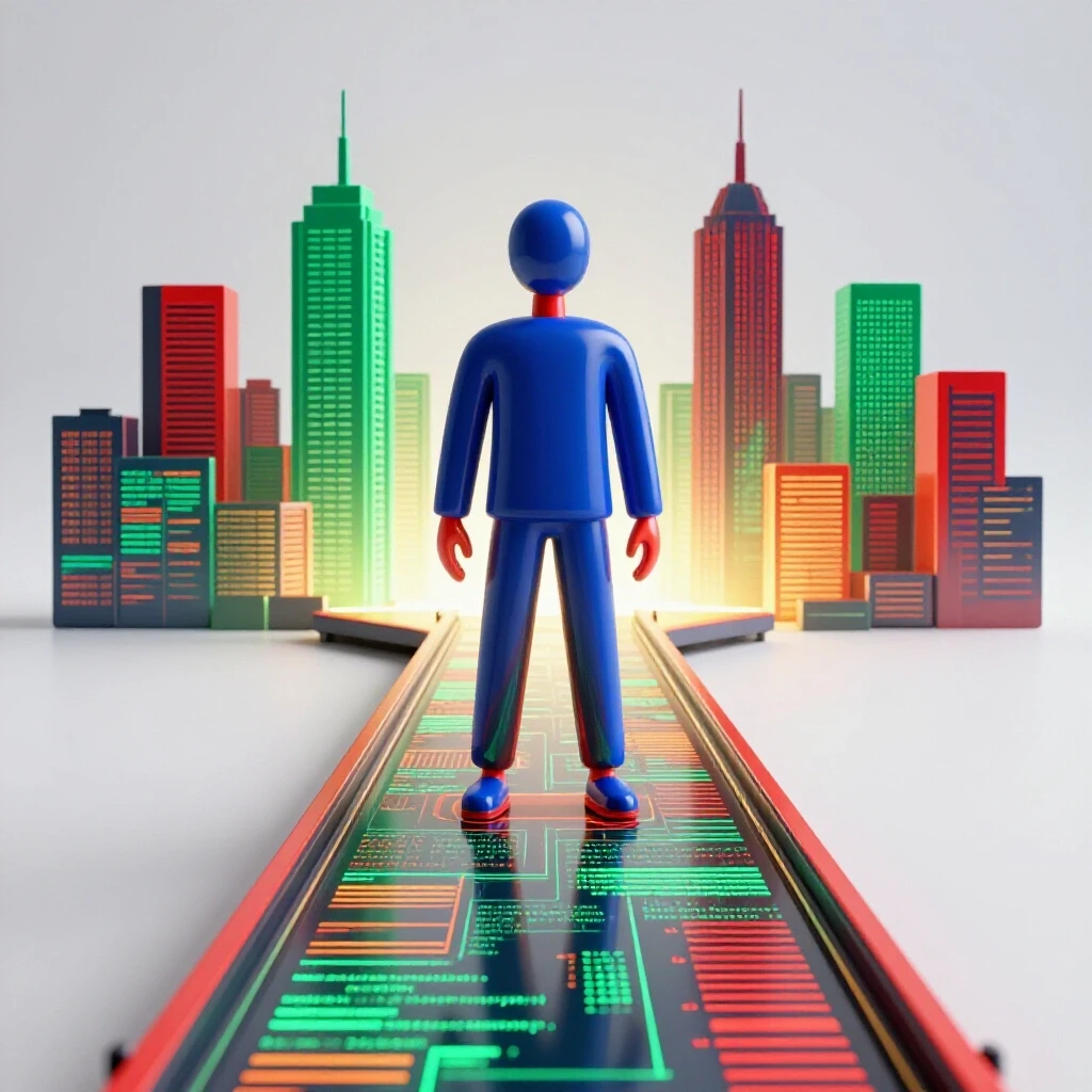 Abstract figure stands at the end of a brightly lit bridge of data charts and code, facing a vibrant futuristic city skyline symbolizing analytics career progression.