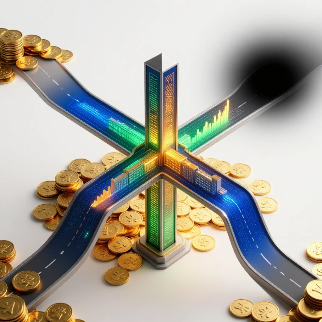 At a bright crossroads, one path leads to a luminous campus with coins and data charts, the other to uncertain shadows.