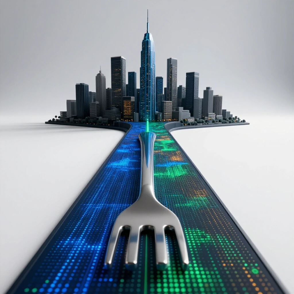 A forked pathway with one side glowing with data graphs leading to a vibrant city, the other fading into shadowy uncertainty.