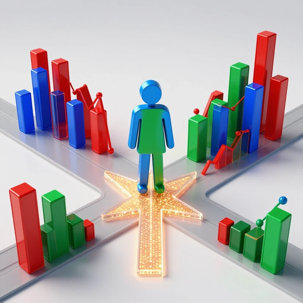 Student-shaped figure at crossroads with vibrant 3D charts and a glowing data arrow guiding the way.