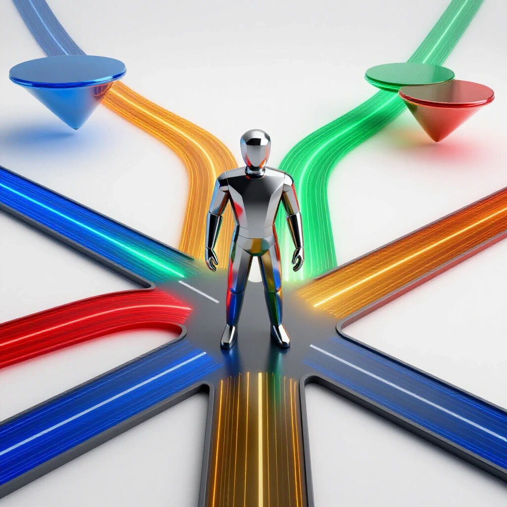 Confident central figure at crossroads with glowing colored data paths leading to floating stable and unstable platforms.