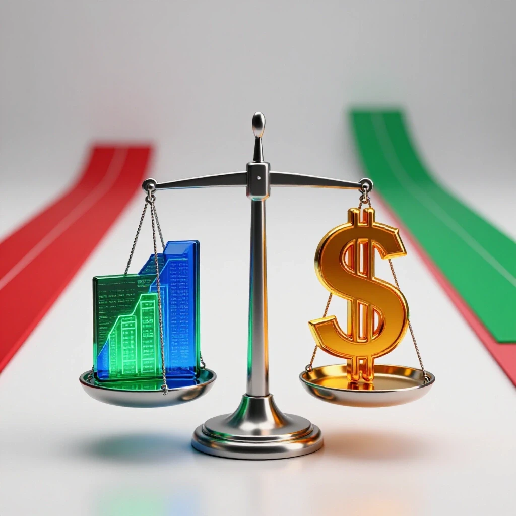 Glowing data charts and a metallic dollar sign balanced on a scale, with diverging career paths in the background.