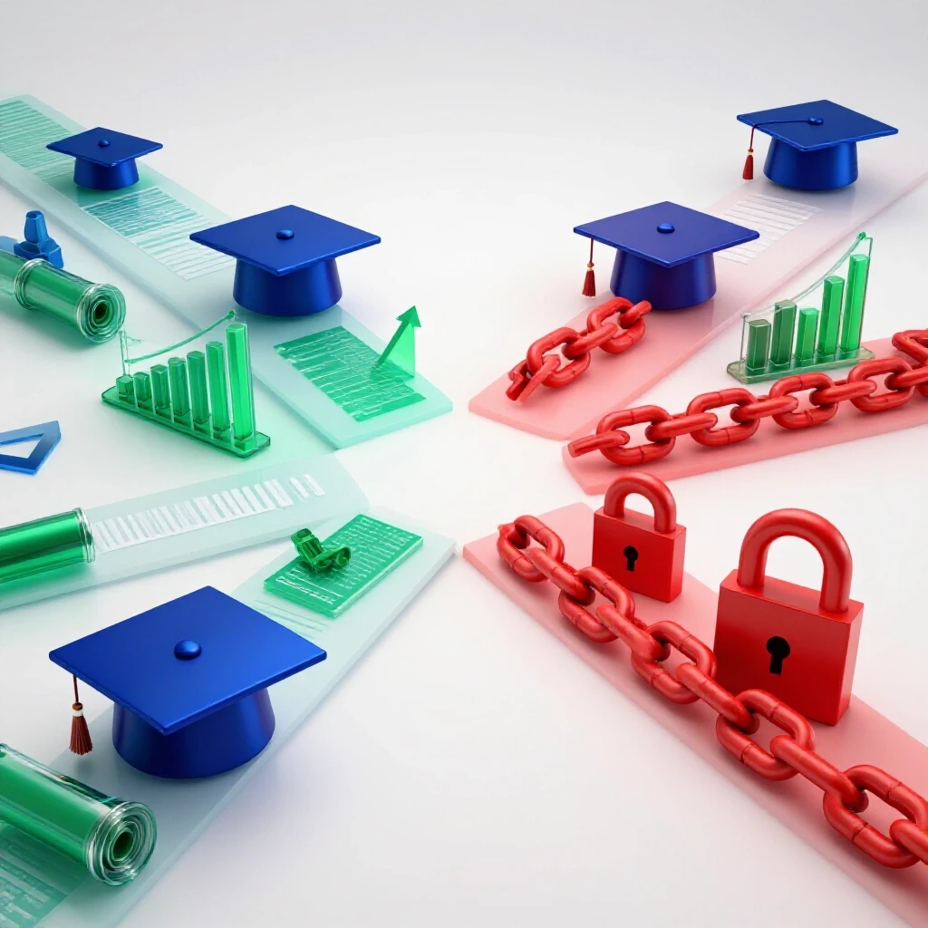 At a crossroads, one path lined with data charts and graduation caps, the other with debt chains, under bright lighting.