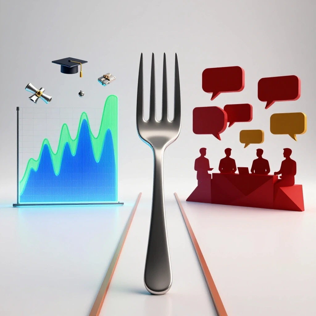 A forked path with a glowing data graph and academic icons on one side, and colorful discussion symbols on the other, set on a bright background.