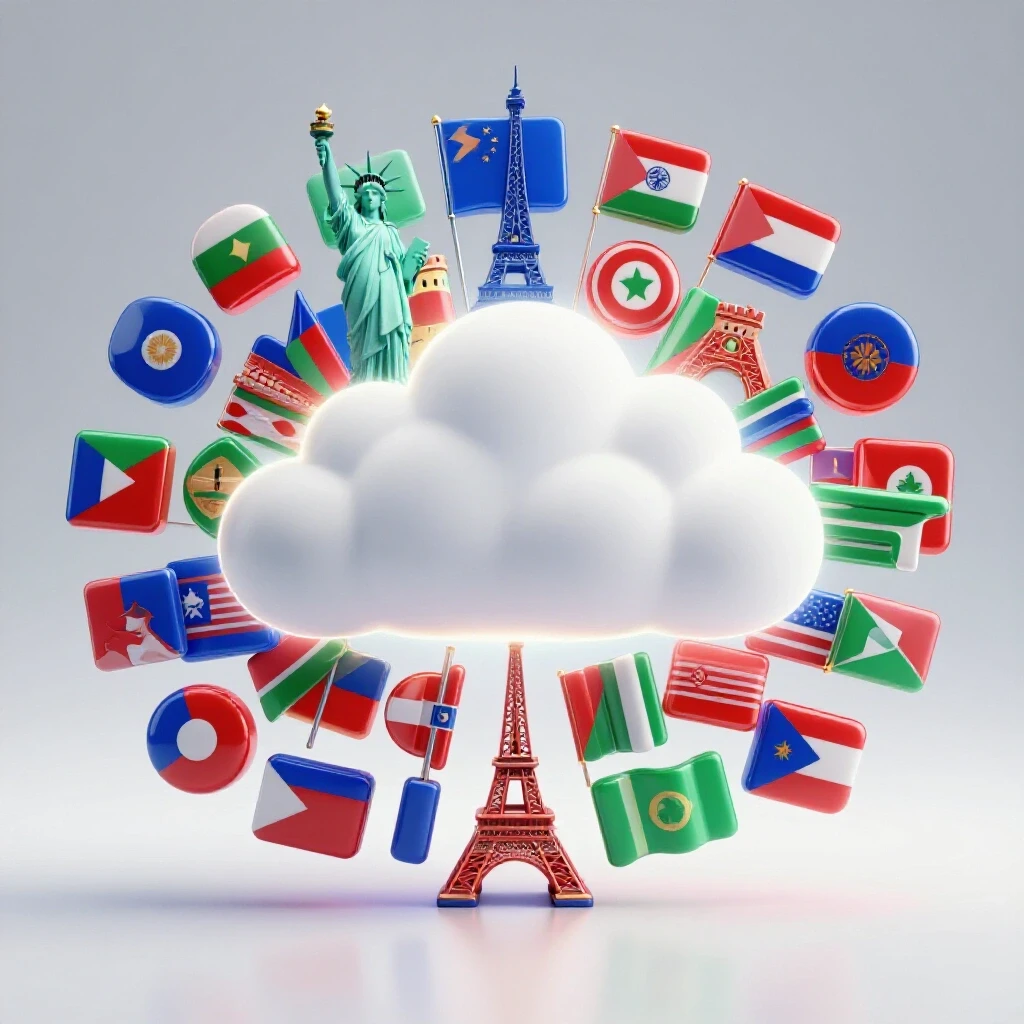 Central secure glowing data cloud surrounded by vibrant national landmarks and metallic country flags, all set on a bright background.