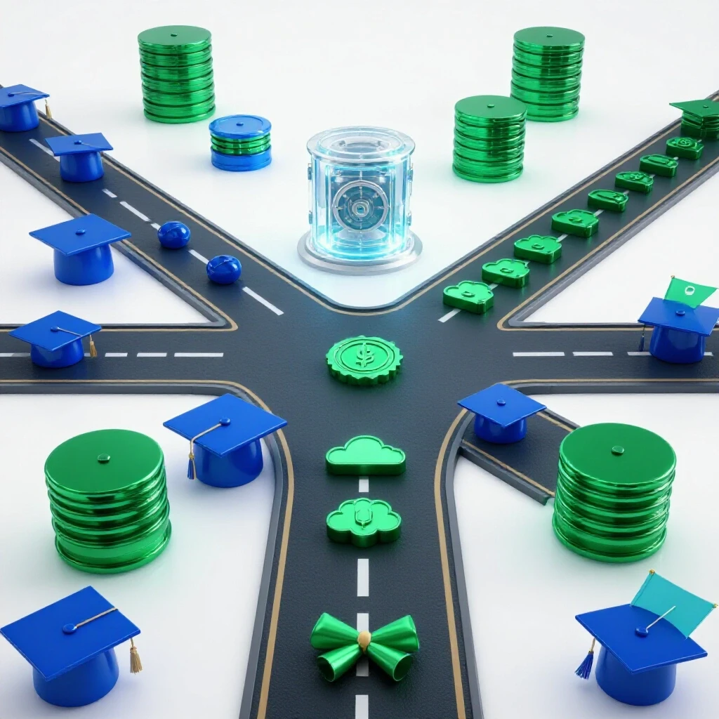 Bright scene with academic and tech symbols on diverging paths converging toward a glowing database vault