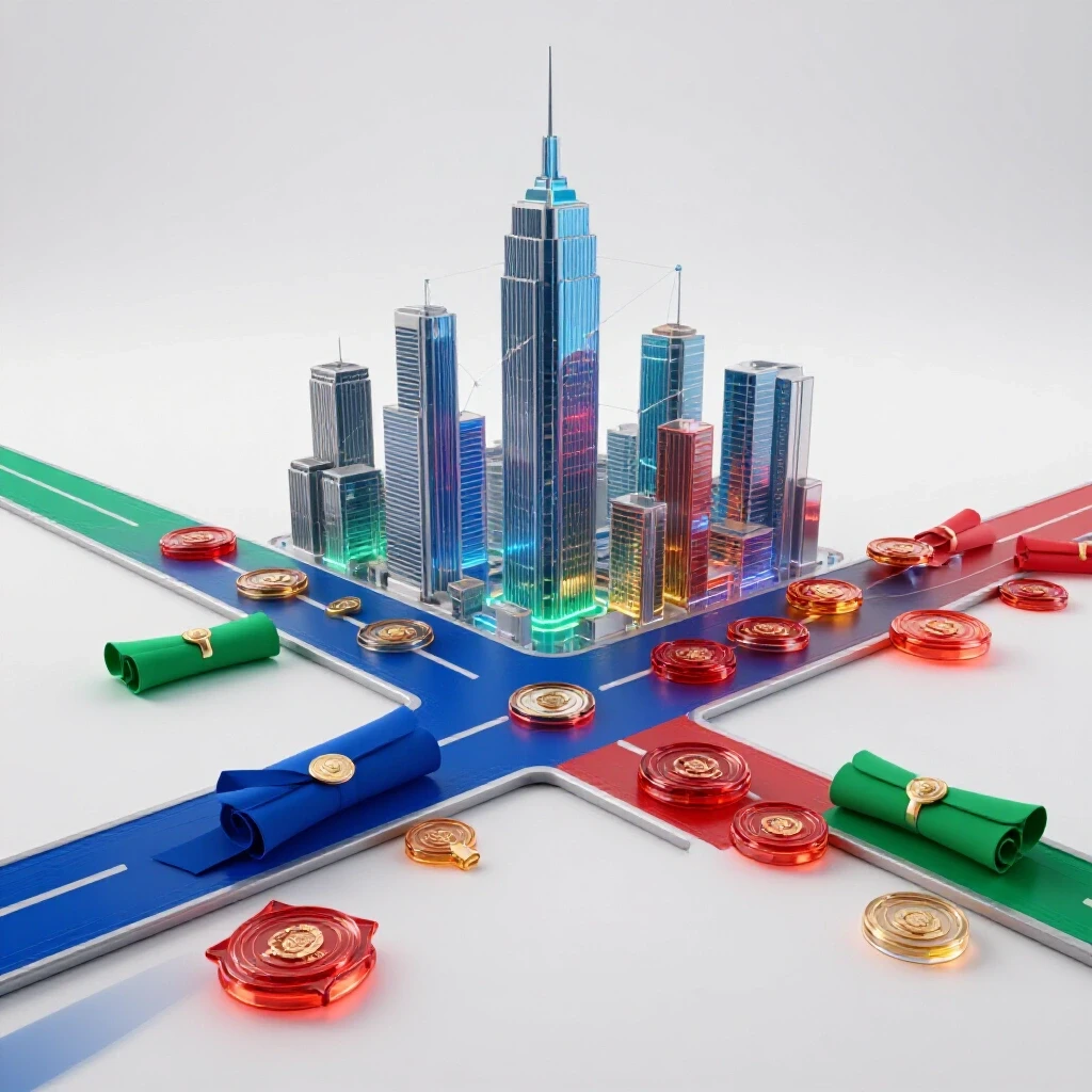 Bright crossroads with diplomas and certification badges leading to a futuristic data-driven city skyline