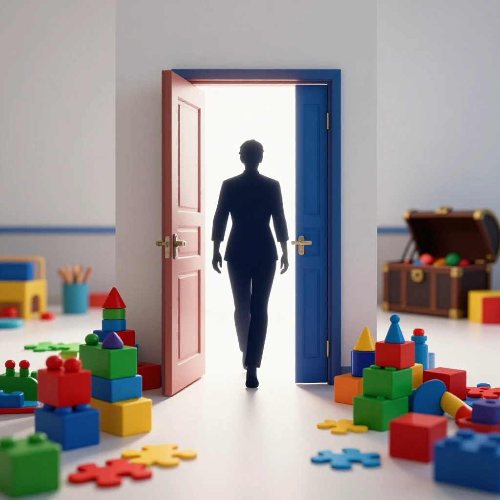 A bright daycare entrance with a confident adult silhouette stepping in, playful toys in front, and an unlocked treasure chest in the background.
