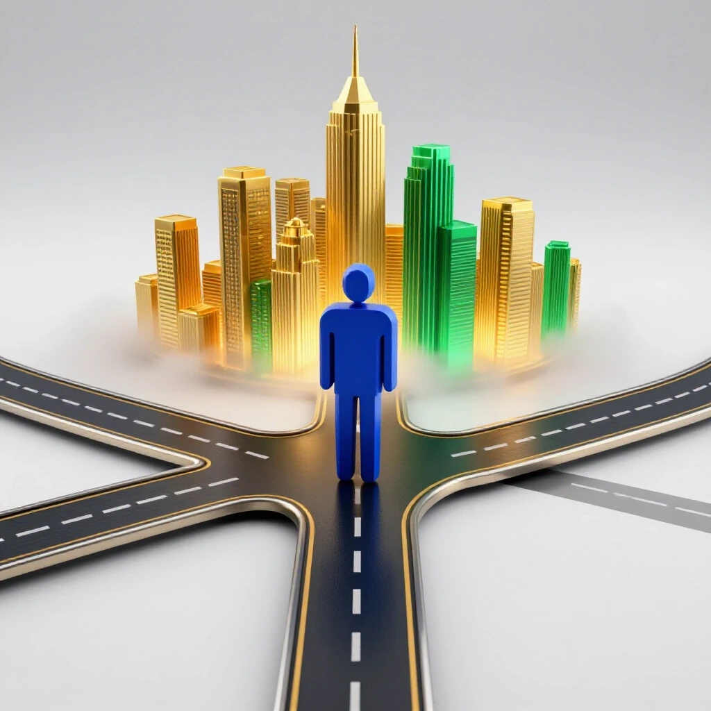 A vibrant 3D crossroads with a professional figure at the center, one path leading to a glowing city skyline and the other fading into uncertainty, set against a bright studio background.