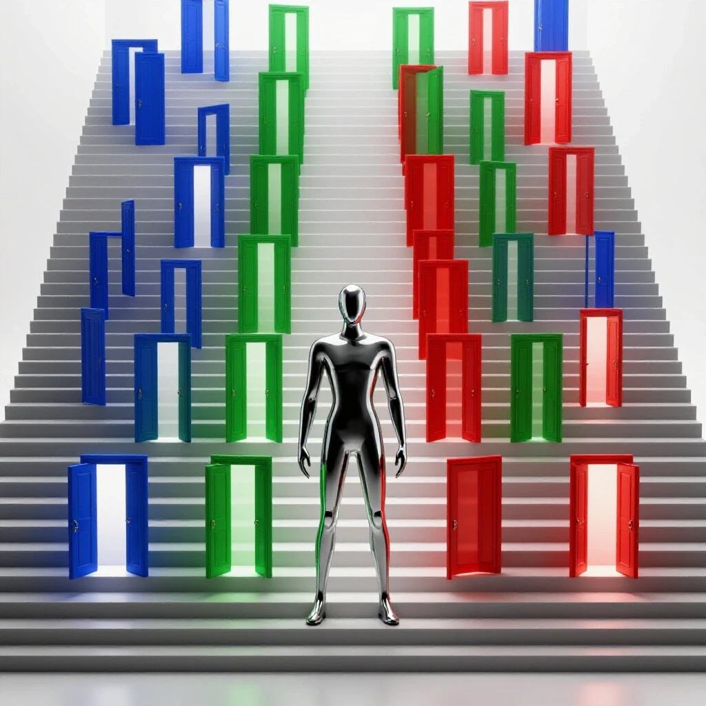 Abstract figure at the base of a grand staircase with glowing open doors, symbolizing progression and review stages.