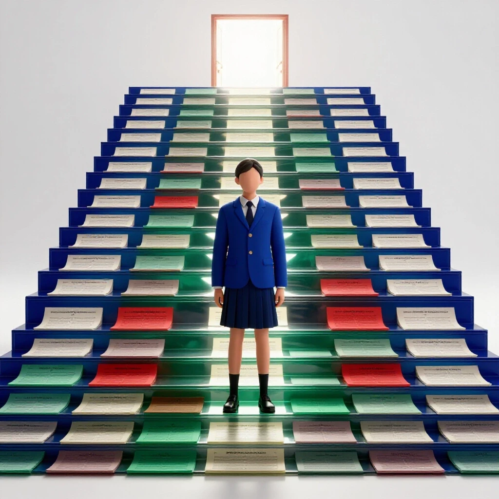 A student stands at the base of a glowing staircase made of report cards leading to a radiant doorway.